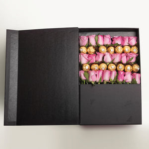 Caja con Rosas Rosas y Chocolates